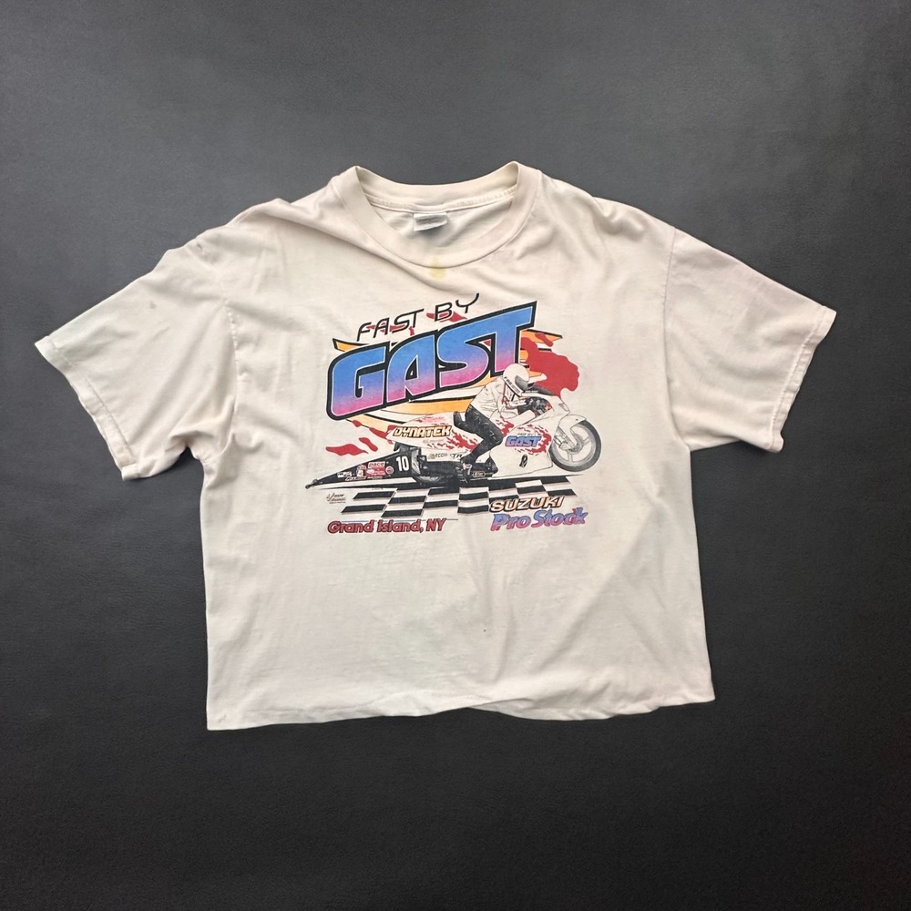 Vintage Fast By Gast Motorcycle T Shirt Mens XL Ivory Boxy Crop USA Grunge 1990s